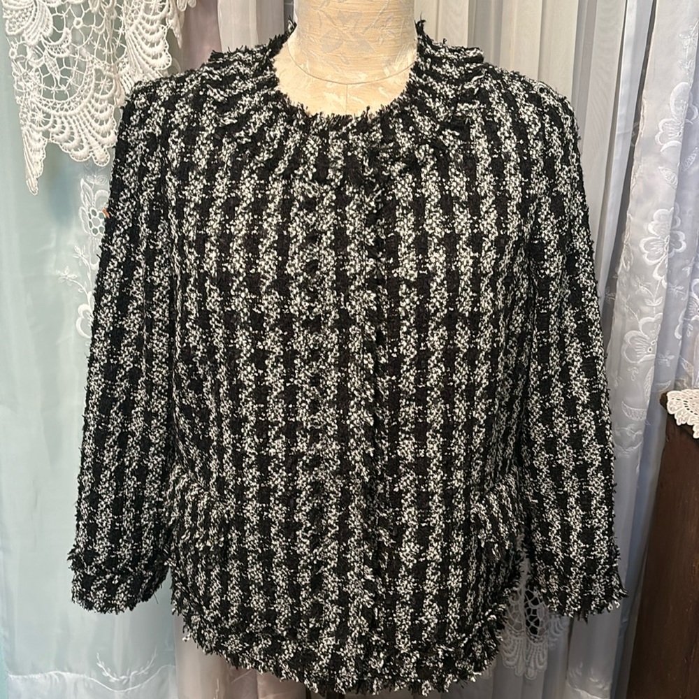 Ann Taylor Boucle’ Polyester Blend Lined Houndstooth Jacket Design Sz 10…